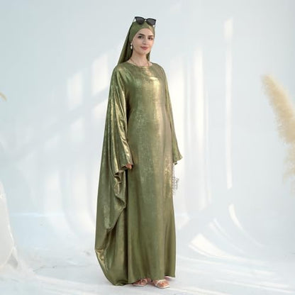 ODIZLI Abayas For Women Muslim Metallic Shiny Hijab Prayer Dress Arabic Kaftan Dubai Turkey Islamic Dress - color: Army Green, size: Size One