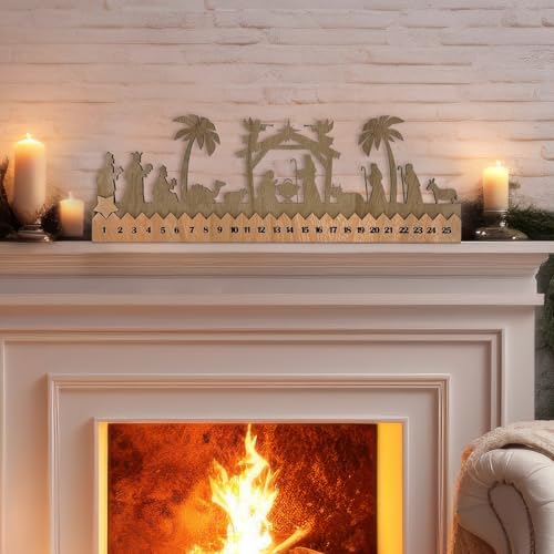 Cinrobiye Countdown to Christmas Wooden Nativity Advent Calendar,2025 Countdown Advent Calendar Christian Religious Xmas Decorations for Door Table Wall Mantel Holiday Farmhouse Decor (Nativity)