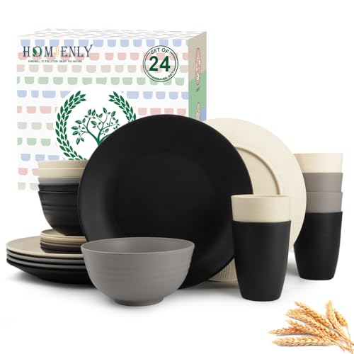 Homienly Wheat Straw Plates and Bowls Set, Lightweight & Unbreakable Dinnerware Set for Kitchen, Parties, Holidays, Microwave and Dishwasher Safe Dish Set - Plate Sets, Bowls, Cups, 24pcs (Grey Stone) - color: Grey Stone, size: 24 PCS