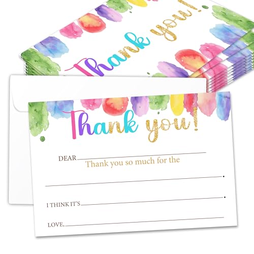 Kids Thank You Cards with Envelopes, Colorful Watercolor Theme Fill in the Blank Thank You Notes for Kids, Toddler Stationery Set, Ideal for Birthday Party, Graduation & School Gag Gifts - B11 - color: Colorful Watercolor Style