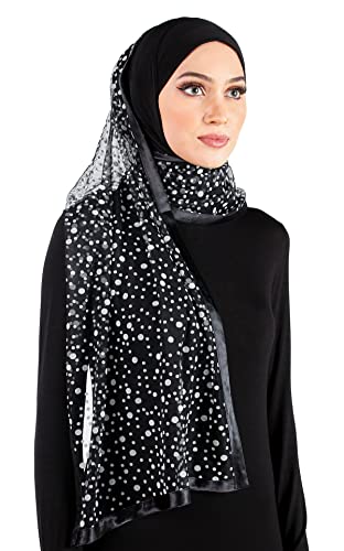 Stylish Mona Hijab Women's Black Kuwaiti with Chiffon Wrap Shawl & Satin Trim - color: Black With White Dots