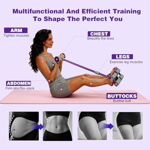 Resistance Bands with Handles, 6 Tube Pedal Resistance Band for Exercise, Dual Pedal Adjustable Resistance, Ab Roller Handle Full Body Home Workout Equipment for Abs, Legs, Arms, Women - color: Purple