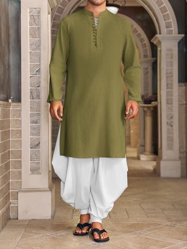 Runcati 남성용 Kaftan Thobe 버튼 다운 헨리 셔츠 로브 긴소매 캐주얼 면 리넨 무슬림 가운 셔츠 - color: 아미 그린., size: Large