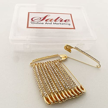 Golden Colour Diamonds Designer Safety pin Saree pin one Side of Safety pin - 12 Pack
