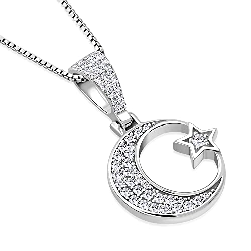 My Daily Styles 925 Sterling Silver CZ Islamic Muslim Pendant Necklace with Crescent Moon and Star Design