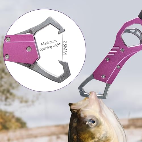 Eupheng 11.8'' Heavy-Duty Fish Gripper with Scale Rustproof Aluminum Body, Non-Slip Rubber Handle, Built-in Weight Estimator & Wrist Lanyard - color: Pink