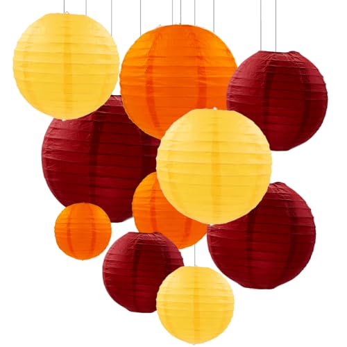 ZOOYOO 10Pcs Paper Lanterns,Red Orange Yellow Round Hanging Tissue Paper Lanterns Decorations for Birthday,Wedding,Harvest,Thanksgiving Party Fall Garden Home Decor - color: Red Orange Yellow