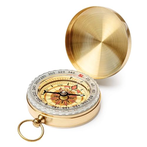 Brass Pocket Compass with Luminous Dial, Golden Vintage Pocket Watch Style Compass, Sports Waterproof Navigation Maganetic Compass with Key Ring for Outdoors Camping Hiking Survival