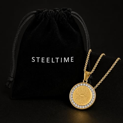 Steeltime Stainless Steel Lords Prayer Necklace with Simulated Diamonds - color: Gold, style: Reversible Round Pendant