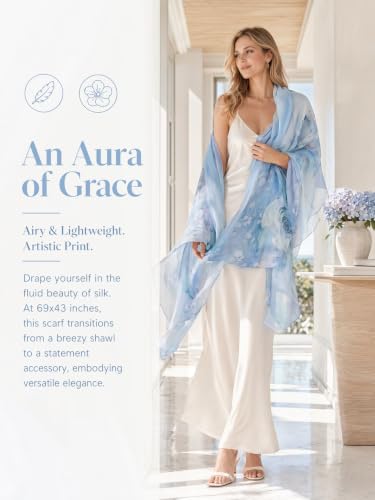 100% Mulberry Silk Scarf for Women, 69'' x 43'' Lightweight Large Silk Chiffon Shawl Wraps Floral Neck Scarf Gift - color: Blue Rose