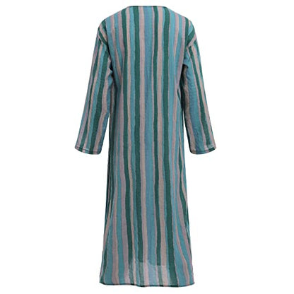 IDOPIP Men's Muslim Thobe Long Sleeve Striped Robe Gown Arab Islamic Kaftan Abayas Dress Middle East Dubai Ramadan Clothing - color: Green, size: Large
