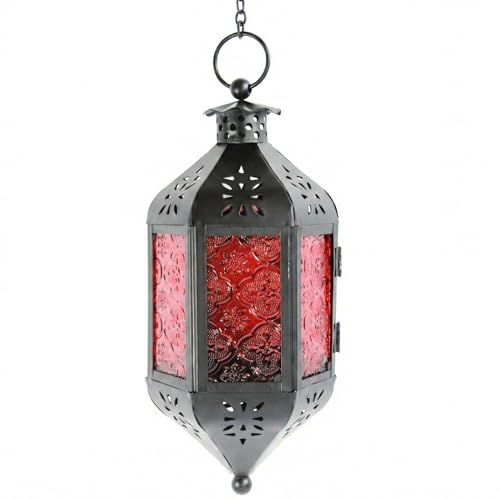 Vela Lanterns Hanging Moroccan Lamp - Exotic Decorative Patio & Porch Decor, Indoor Outdoor Tea Light Candle Lantern Holder with Chain (11" Medium, Red Glass) - color: Red, size: Medium