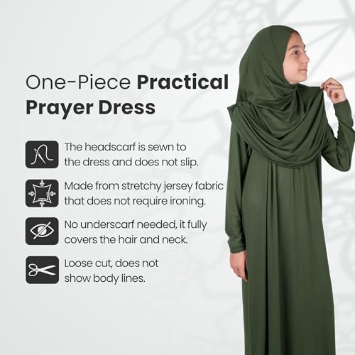 ihvan online Muslim Dress for Girls, Long Sleeve One-Piece Islamic Prayer Dress, Hijab for Kids, Girls Abaya, Islamic Gifts - color: Green