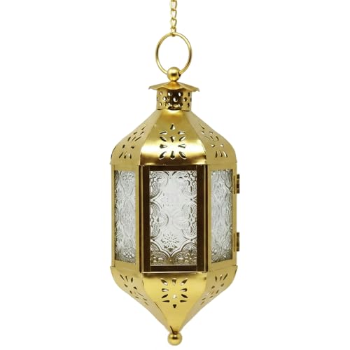 Vela Lanterns Hanging Moroccan Lamp - Exotic Decorative Patio & Porch Decor, Indoor Outdoor Tea Light Candle Lantern Holder with Chain (11" Medium, Gold)