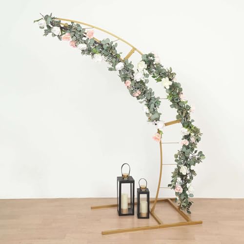 Tableclothsfactory 6.5ft Gold Metal Crescent Moon Wedding Arch Photography Backdrop Stand, Curved Design Flower Balloon Frame, Collapsible Arbor Stand with Solid Rectangular Base