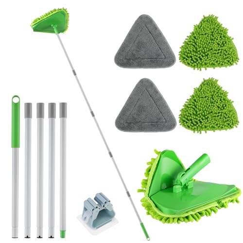RONSUNG Wall Cleaner Mop, 82-Inch Handle, Baseboard Cleaner Tool, 4 Pads | Wall scrubber with long handle, triangle head, squeegee, and 4 pads for walls, ceilings, windows, baseboards, and floors - color: Green, size: 4 Pads