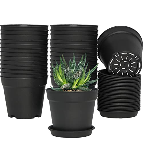 SwinDuck 4 inch Small Plant Pots, 28 Pack Plastic Planters with Drainage Holes and Saucers for Flowers Plants, Succulents, Seed Starting Pots, Black - color: Black