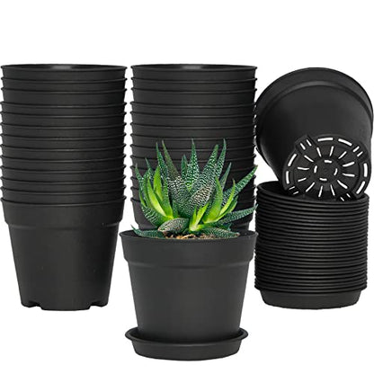 SwinDuck 4 inch Small Plant Pots, 28 Pack Plastic Planters with Drainage Holes and Saucers for Flowers Plants, Succulents, Seed Starting Pots, Black - color: Black
