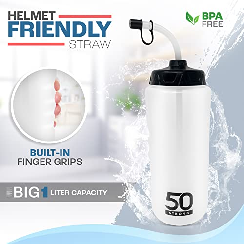 50 Strong 1 Liter Water Bottle with Straw – 2-Pack Easy-Squeeze Sports Bottles with Long Straw & Built-In Finger Grip – BPA-Free – Made in USA – Ideal for Hockey, Football, Lacrosse & Boxing - size: 2 Pack
