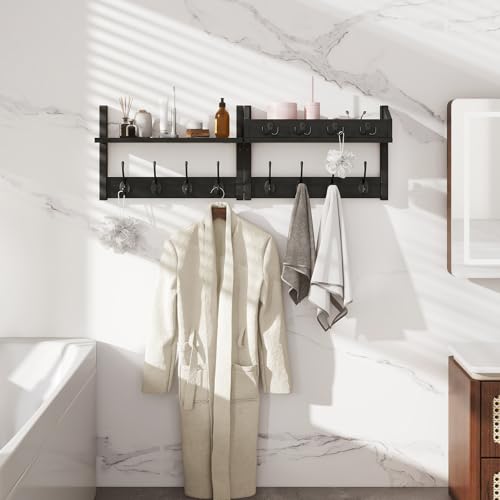 YMYNY 31.5" Coat Rack Wall Mount with Shelf, 4 in 1 Key and Coat Hanger with 12 Metal Hooks, Wall Shelf with Hooks & Mail Holder for Living Room, Bedroom, Black, HWS007B-2 - color: Black, size: 31.5" - 4-in-1