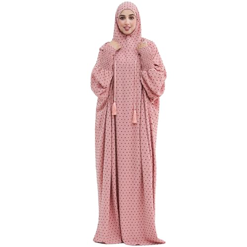Upgraded Abaya Dress for Women 1PC Hoodie Polka Dot Modest Prayer Robe - color: Pink, size: Size 1