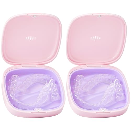 2 Pack Retainer Case Slim Aligner Case with Vent Holes Removable Inner Tray Silicone for Easy Cleaning Orthodontic Storage Box Secure Magnetic Closure for Travel (2Pack Pink Purple) - color: 2Pack Pink Purple