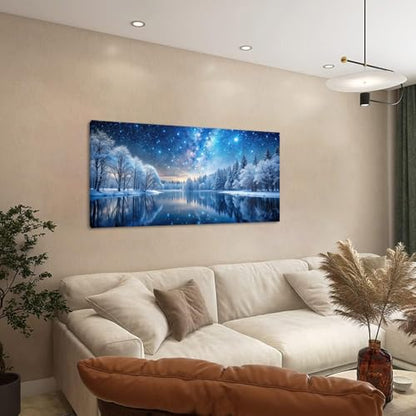 Palderwallart Beautiful Milky Way Landscape Wall Art for Living Room Office Nature Riverside Scenery Blue Starry Sky and White Tree Painting Prints Winter Scenic Canvas Artwork Dining (20x40 Inches) - color: Blue Starry Sky and White Tree Wall Art(Y866),
