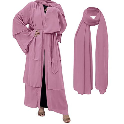 Muslim Chiffon Abaya for Women Open Front Cardigan Modest Dress with Hijab Scarf Middle East Arabian Robe Islamic Long Dress - color: Rose Pink, size: Large