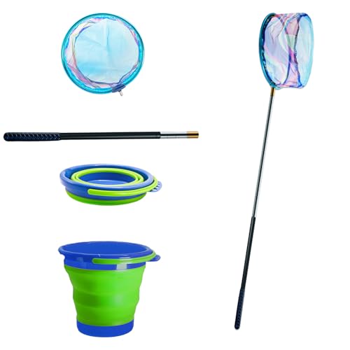2PCS Kids Fishing Nets with Bucket - Telescoping Handle Retractable Landing Net Lightweight Aluminum Pole for Catch and Release Frog, Minnow, Butterfly, Crab, Beach and Creek Outdoor - color: BLUE