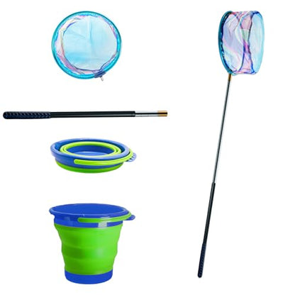 2PCS Kids Fishing Nets with Bucket - Telescoping Handle Retractable Landing Net Lightweight Aluminum Pole for Catch and Release Frog, Minnow, Butterfly, Crab, Beach and Creek Outdoor - color: BLUE