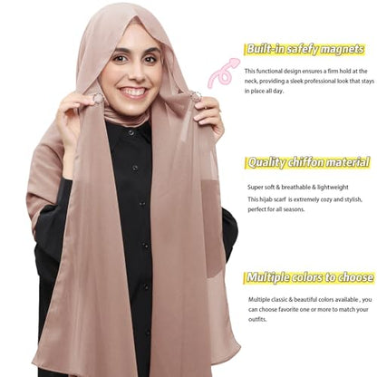 Instant Hijab Set 3-in-1 Chiffon Hijab Scarf for Women with Built-in Magnets and Undercap Head Wraps - color: Khaki