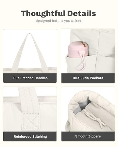 Hynes Eagle Tote Bag for Women Quilted Travel Bag Lightweight Puffer Tote Shoulder Handbag with Compartments Work/Gym/Teacher - color: Beige