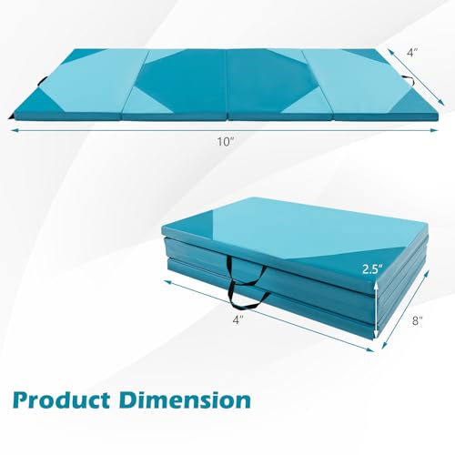 Goplus Folding Gymnastics Mat, 10’ x 4’ x 2’’ Thick Tumbling Mats with PU Leather, Hook & Loop Fasteners, Portable Handles, 4-Panel Exercise Mat for Home Gym Workouts, Yoga - color: Baby Blue+Blue