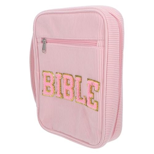 Pink Bible Cover Case with Zippered Pocket and Portable Carry Handle Corduroy Material Bible Organizer for Holy Book Storage in Classrooms or Service