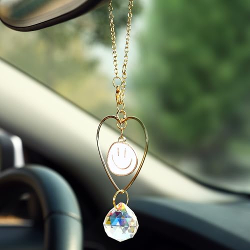 Car Rear View Mirror Accessories,White Smiling Face Boho Hanging Ornament Rearview Decor Charm Handmade Beaded Crystal Heart Swinging Interior Decor for Women Men - color: White Smiling Face