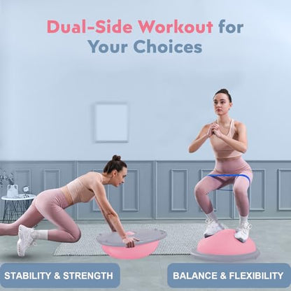 kisnbld Half Balance Ball Trainer, Inflatable 19/23 Inch Half Exercise Ball with Resistance Bands and Pilates Ball, Non-Slip 660lbs Capacity Yoga Ball for Home Gym Full Body Workouts - color: Pink