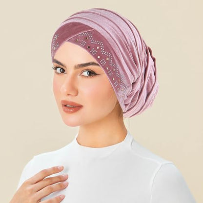 Rhinestone Hijab Turban Hats for Women Beanies Bandana Headwrap Cap Beanies Headwear Headscarf Undercap Turban Hat - color: Pink
