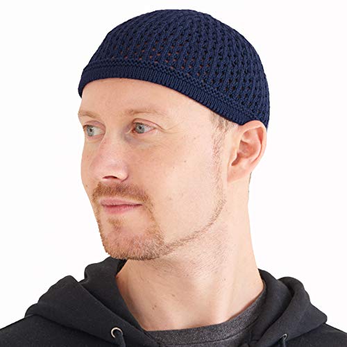 100% Cotton Skull Caps for Men, Knit Kufi Hat for Muslim Prayer, Women's Mesh Crochet Beanie, Ideal Head Wear During Summer - color: Navy