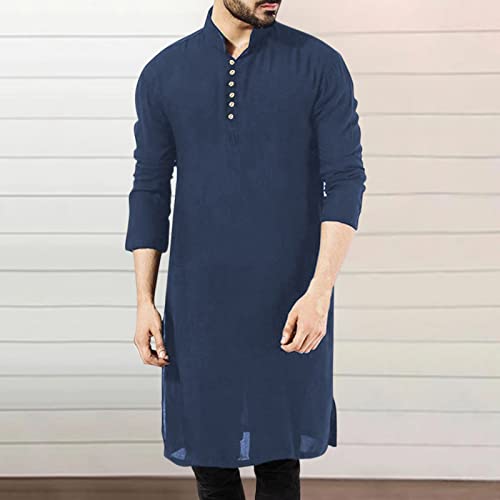 Alalaso Mens Muslim Thobe Kaftan Robe Saudi Arabic Middle East Islamic Long Gown Dress Long Sleeve Clothing Ramadan Jubbah - color: 2-navy, size: XX-Large
