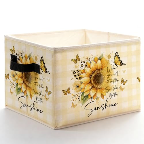 Inspirational Sunflower Butterfly Checkered Storage Bins Box with Handles, Be the Sunshine Floral Foldable Basket Toybox for Girls Bedroom Bathroom Home Clothes Toys Books - color: Color-8