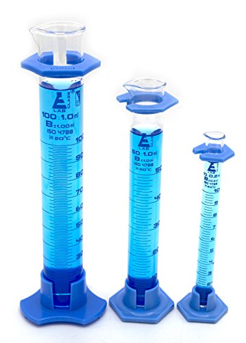 EISCO Graduated Cylinder Set, Class B - 10mL, 50mL & 100mL - Detachable, Plastic Hexagonal Bases & Protective Collars - Blue Graduations - Borosilicate Glass