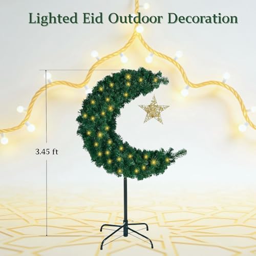 3ft Lighted Ramadan Moon Tree with Star Decorations, Islamic Crescent Artificial Decor for Home, Eid Tree