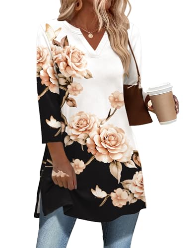 Ivicoer 3/4 Length Sleeve Womens Tops Dressy Casual Plus Size V Neck Tunics to Wear with Leggings Side Slit Shirt - color: Black White Rose, size: Medium