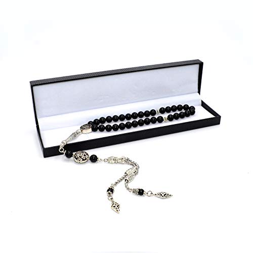 Design - Long & Stylist Tassels Worry Beads - Prayer Beads (8 mm-33 Beads) Tesbih-Tasbih-Tasbeeh-Misbaha-Subha-Sebha-Sibha-Rosary (Shiny Natural Round Agate Stone) - color: Shiny Natural Round Agate Stone