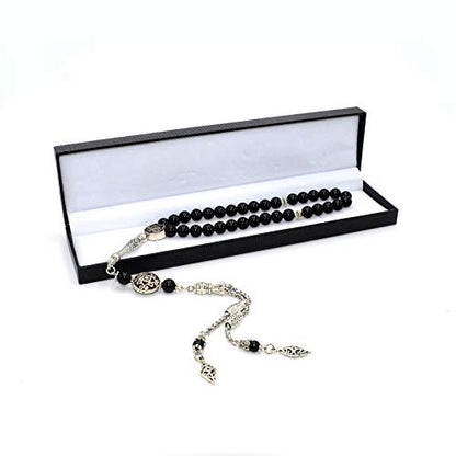 Design - Long & Stylist Tassels Worry Beads - Prayer Beads (8 mm-33 Beads) Tesbih-Tasbih-Tasbeeh-Misbaha-Subha-Sebha-Sibha-Rosary (Shiny Natural Round Agate Stone) - color: Shiny Natural Round Agate Stone