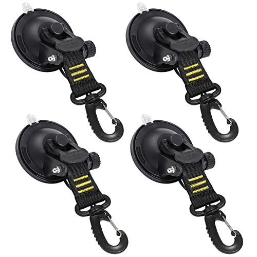 CONBOLA Suction Cups Hooks 4 Pieces Outdoor Car Camping Essentials Heavy Duty Upgraded Tie Down Suction Cup,Camper Accessories Strong Power for RV Boat Window Glass Camping Trap.(4 pcs,Yellow) - color: Bright Yellow Line, size: Black-4 Pieces