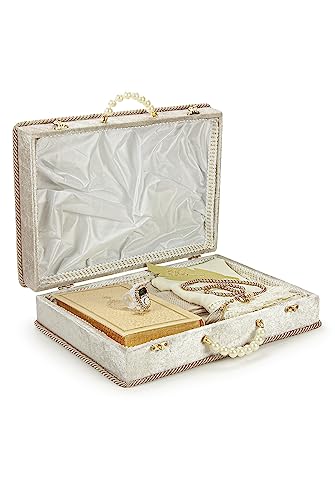 ihvan online Muslim Prayer Rug Set, Islamic Dowry Gift Box for Men & Women, Shawl, Kufi Hat, Digital Beads Counter, Quran Gift, Elegant Islamic Gifts Set for Ramadan & Eid & Wedding, Beige - color: Beige