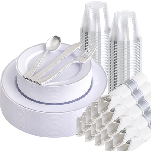 SUT 175 Pcs Silver Plastic Dinnerware Set for 25 Guests, Include: 25 Dinner Plates, 25 Dessert Plates, 25 Pre Rolled Napkins With Silver Silverware, 25 Cups, Disposable Plates for Wedding, Party - color: White Silver, size: 175PCS