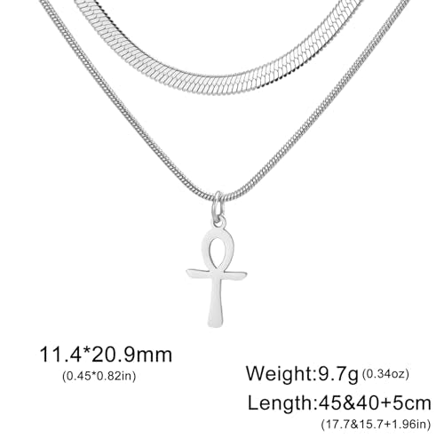 Ankh Cross Y Necklace Key of Life Eye of Horus Pendant Cartouche Long Chain Protection African Coptic Amulet Ancient Egyptian Religious Jewelry Gift for Women Men - color: layerd Ankh Cross