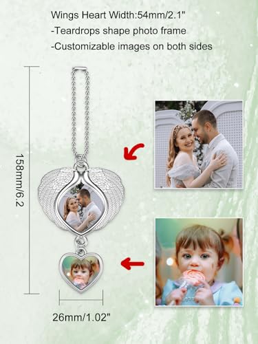 PiercingJ Custom Photo Rearview Mirror Car Charm Double Side Picture Engraving Car Hanging Ornament Angel Wing Car Charm Gift for Men Women - color: Silver(heart)-1 Pc